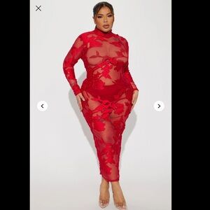 Fashion Nova Red Sheer Lace Long Sleeve Dress